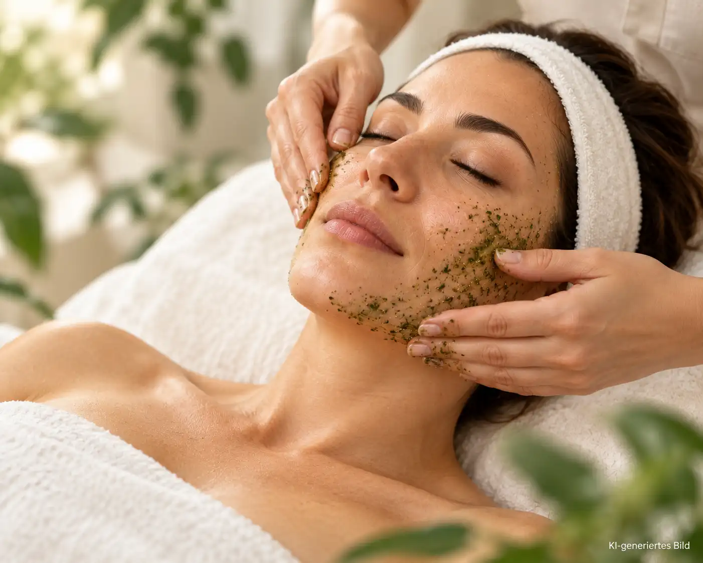 Frau mit geschlossenen Augen und weißem Stirnband erhält eine Gesichtsmassage mit grünem Kräuterpeeling auf Wangen und Kinn.